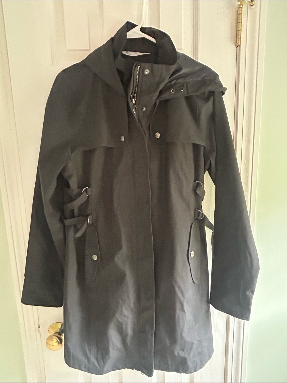Athleta Midtown Rain Jacket Trench Coat Grey Hooded Full Zip Lightweight L